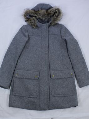 J. Crew Gray Wool Blend Hooded Coat with Faux Fur Trim